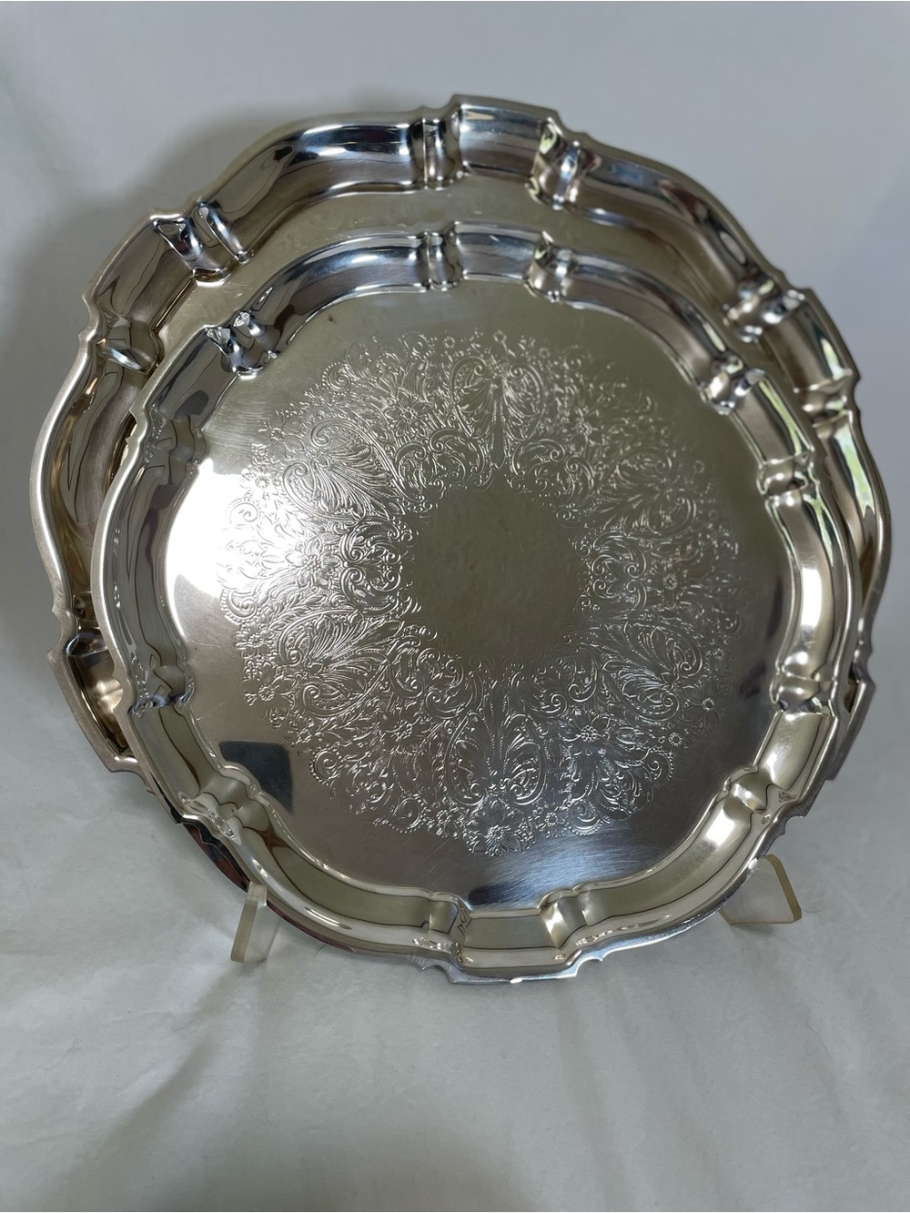 Poole Silver Co Decorative Serving Tray Set of 2 Etched Scalloped Antique 1960’s